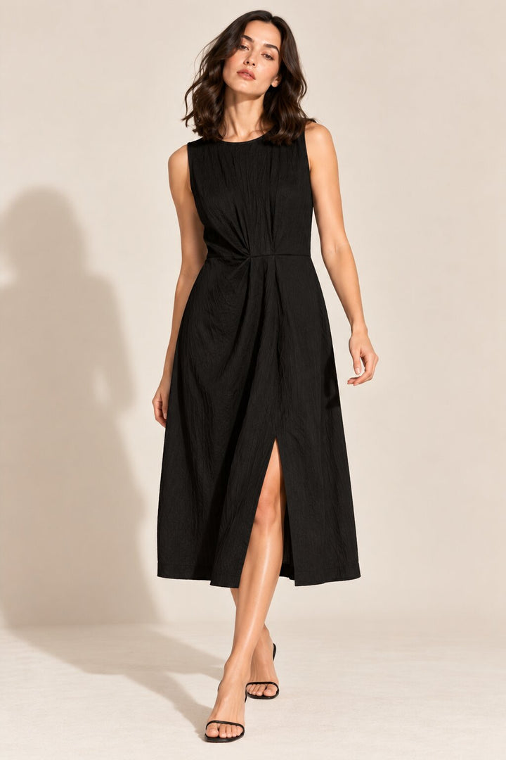 Black Textured Sleeveless Midi Dress