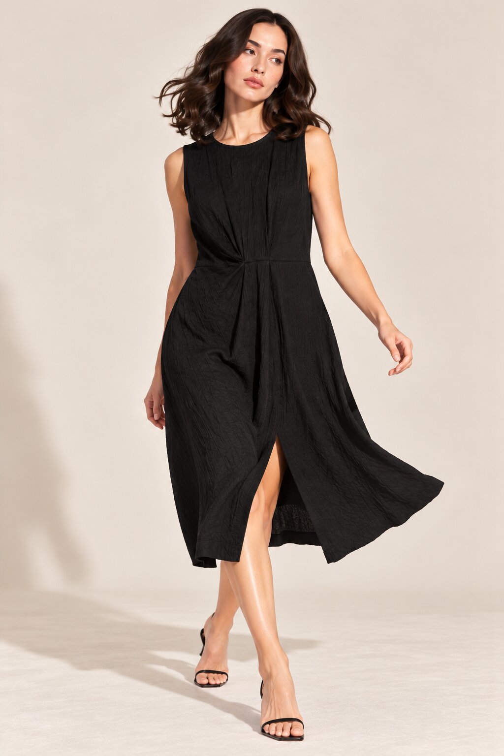 Black Textured Sleeveless Midi Dress