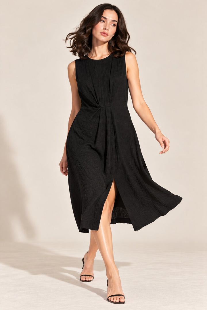 Black Textured Sleeveless Midi Dress