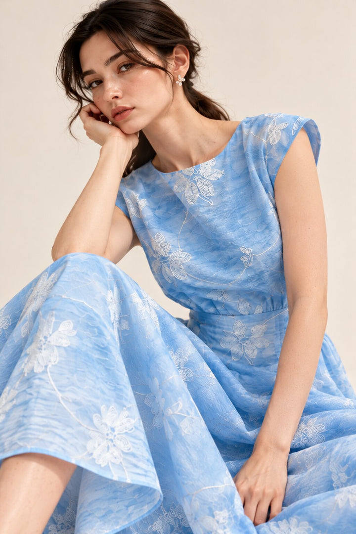 Celeste Powder Blue Floral Embroidered Fit &amp; Flare Midi Dress