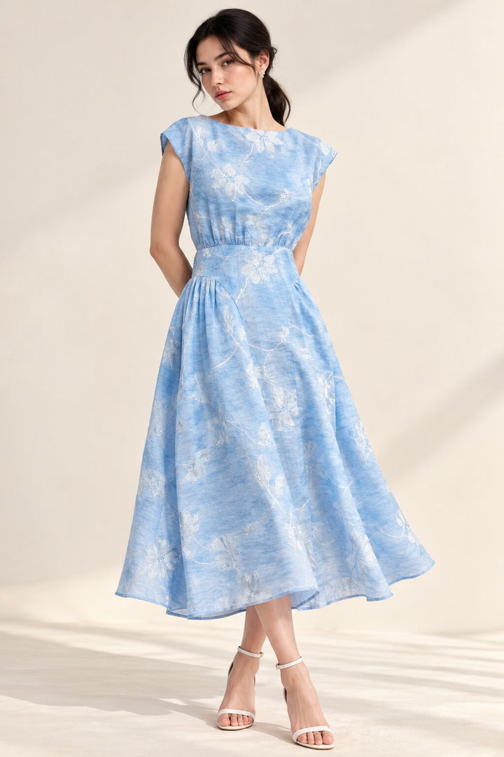Celeste Powder Blue Floral Embroidered Fit &amp; Flare Midi Dress