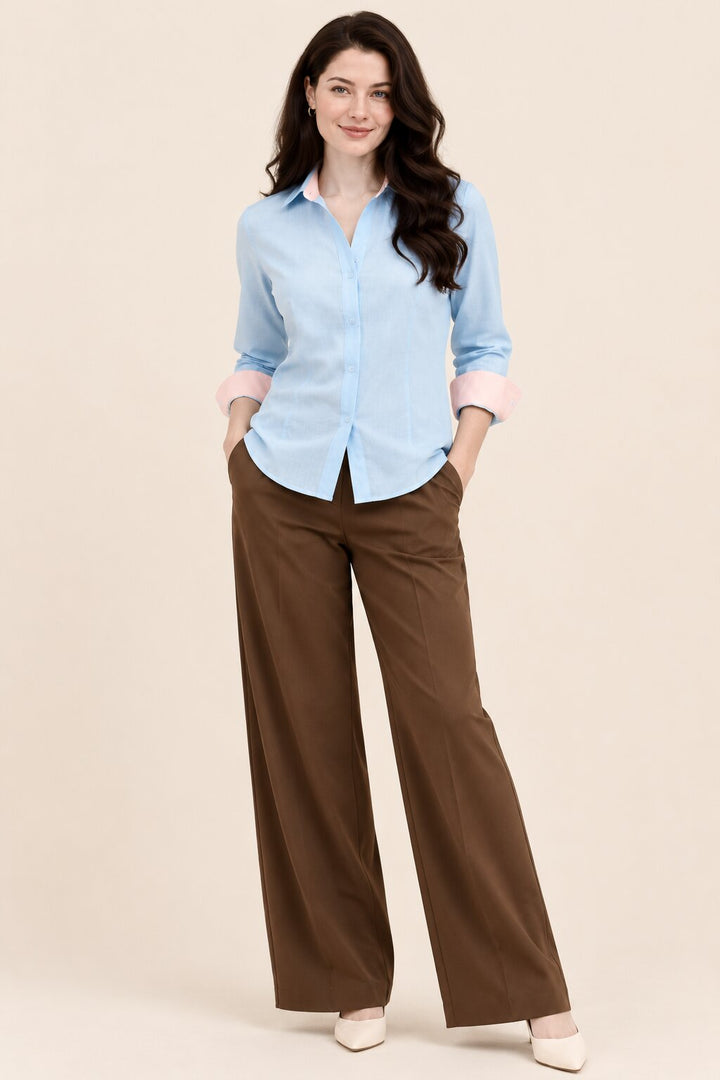 Blue Shirt with Peach Contrast Cuffs