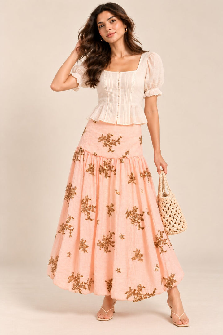 Blush Peach Embroidered Balloon-Hem Skirt