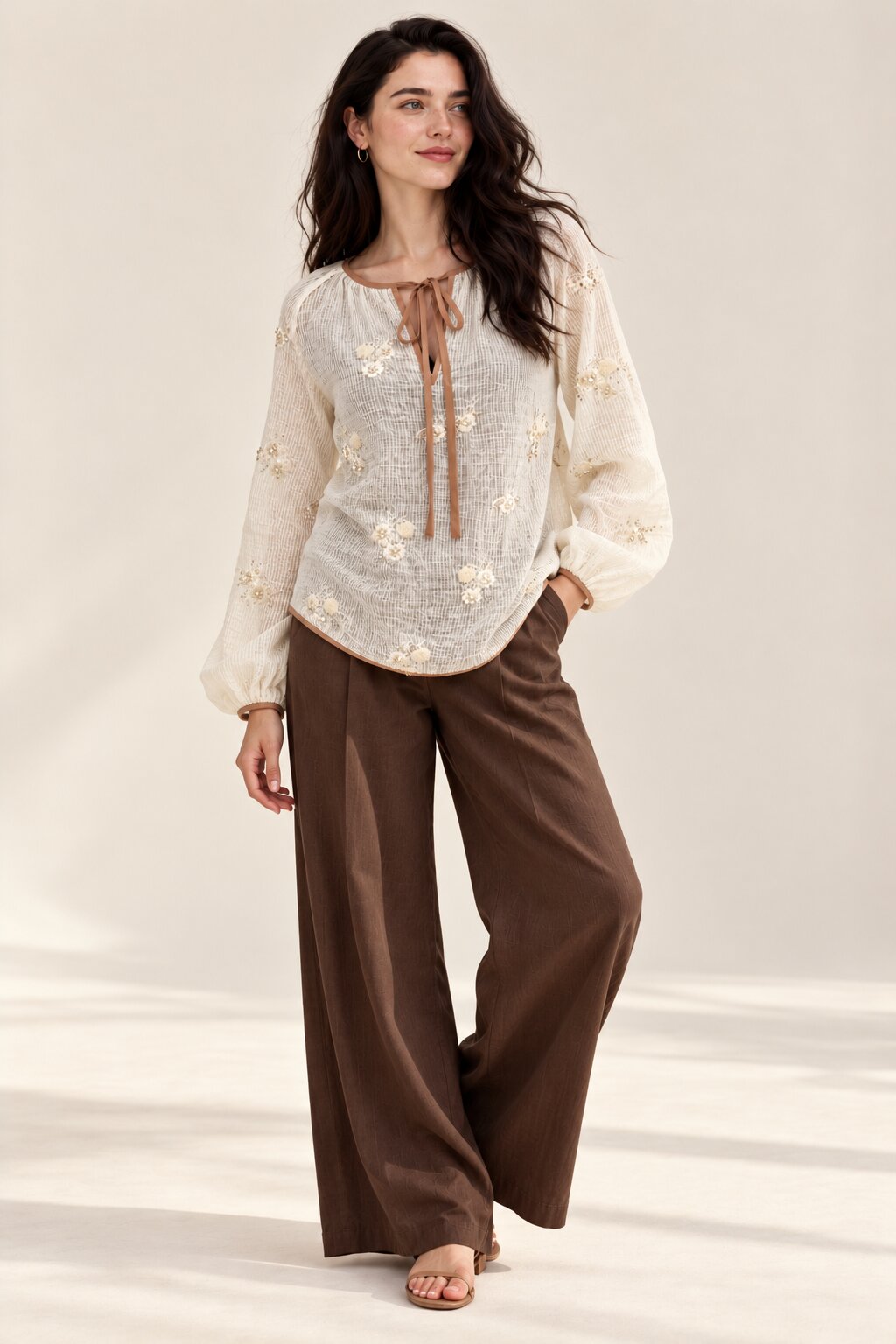 Ivory Floral Sequin Embellished Blouse with Tie-Up Neckline