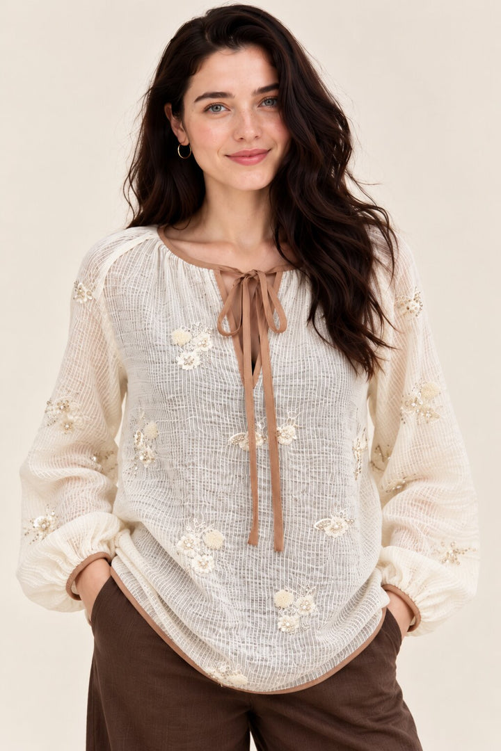 Ivory Floral Sequin Embellished Blouse with Tie-Up Neckline