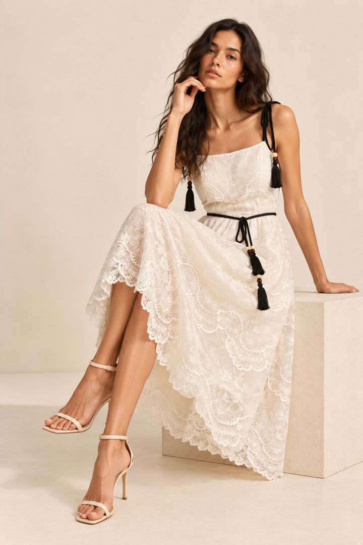 Ivory Embroidered Tassel Strap Midi Dress