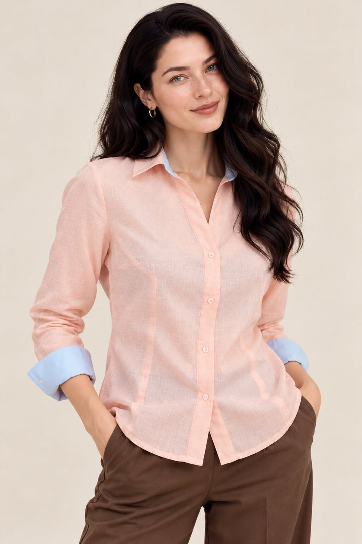 Peach Pink Shirt with Blue Contrast Cuffs