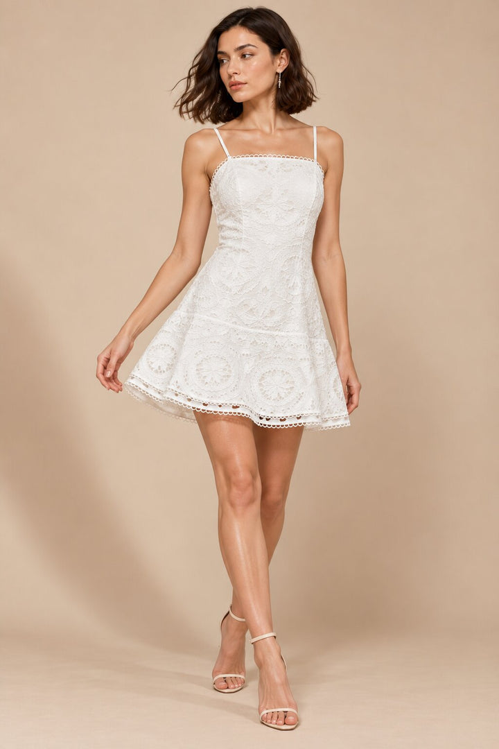 White Floral Lace Spaghetti Strap Mini Dress