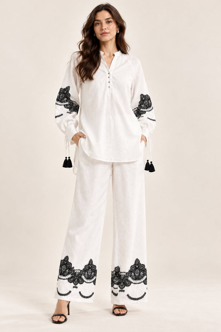 White Co-Ord Set with Black Floral Embroidery