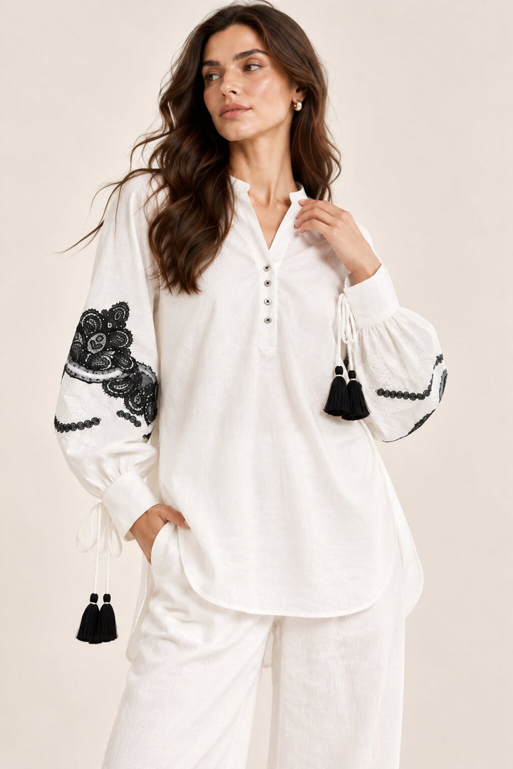 White Co-Ord Set with Black Floral Embroidery