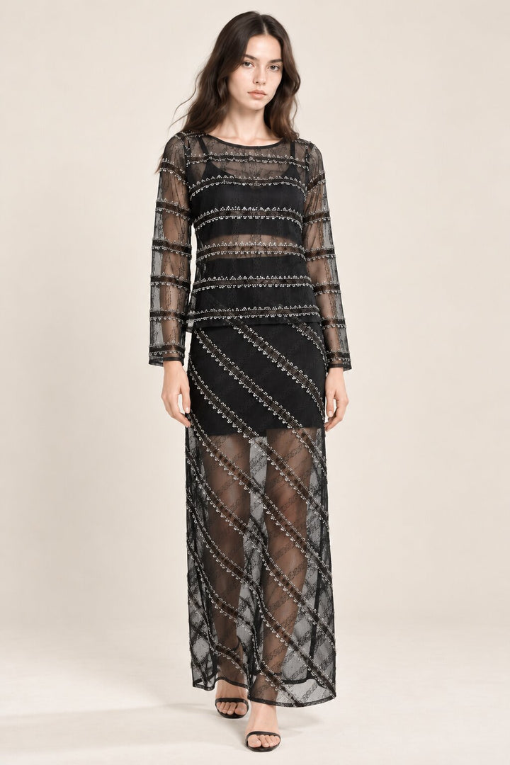 Black Sequin Embellished Mesh Top &amp; Maxi Skirt Co-Ord Set