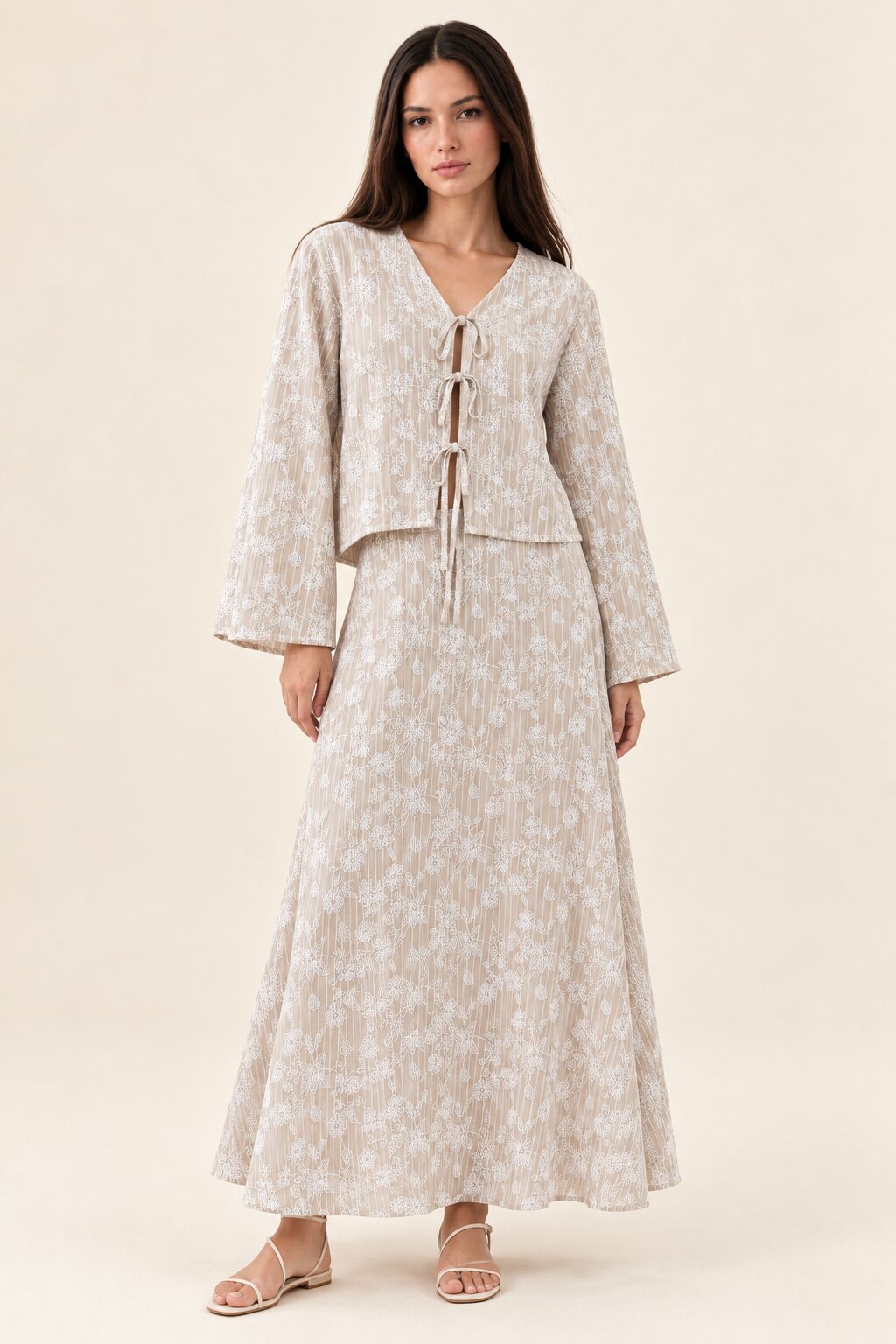 Taupe Floral Stripe Tie-Front Top and Maxi Skirt Co-Ord Set