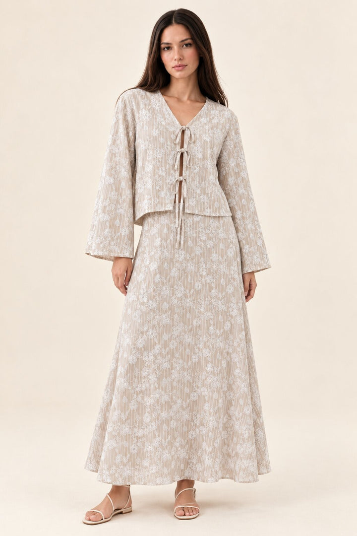 Taupe Floral Stripe Tie-Front Top and Maxi Skirt Co-Ord Set