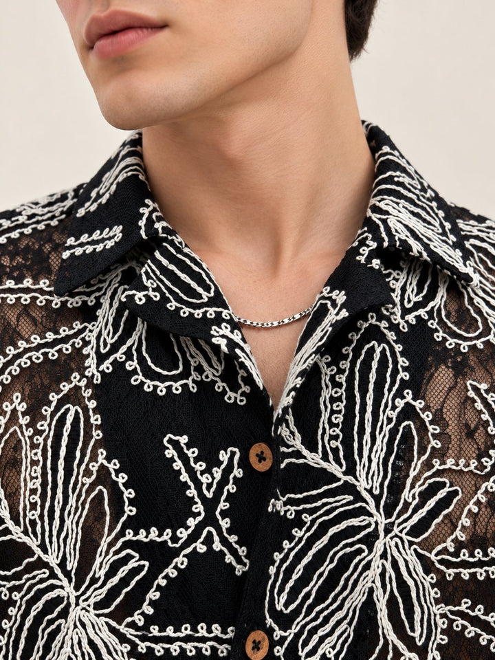 Black Floral Embroidered Sheer Shirt