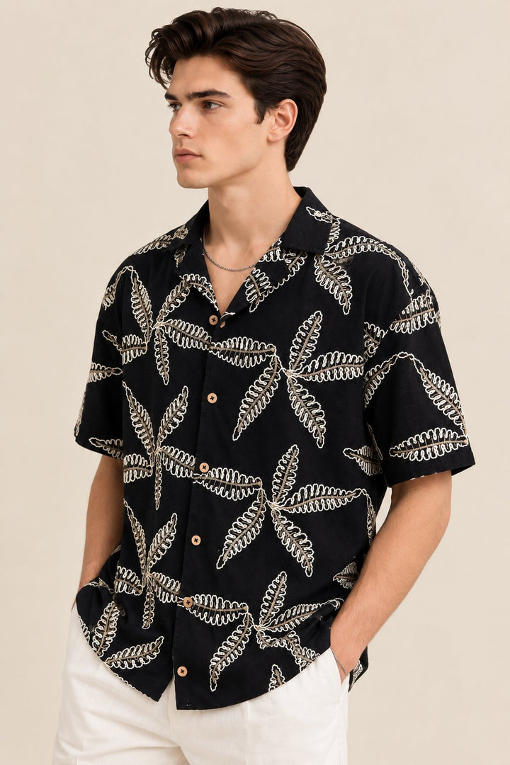 Black &amp; Ivory Leaf Embroidered Short Sleeve Shirt
