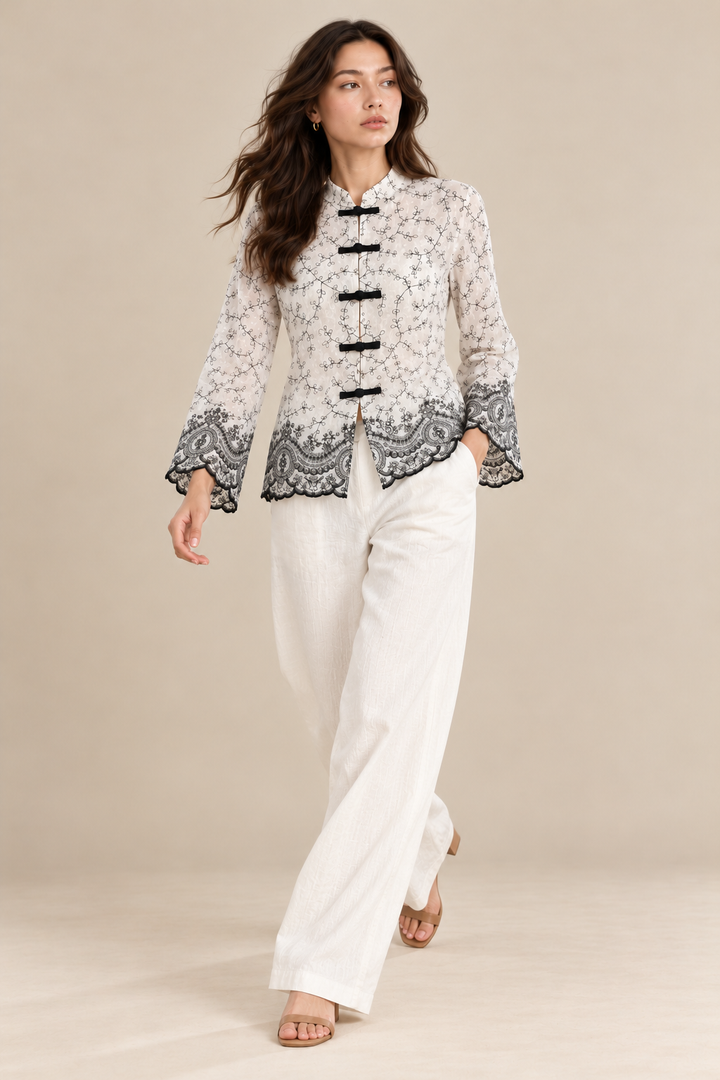 Ivory Black Embroidered Mandarin Collar Shirt