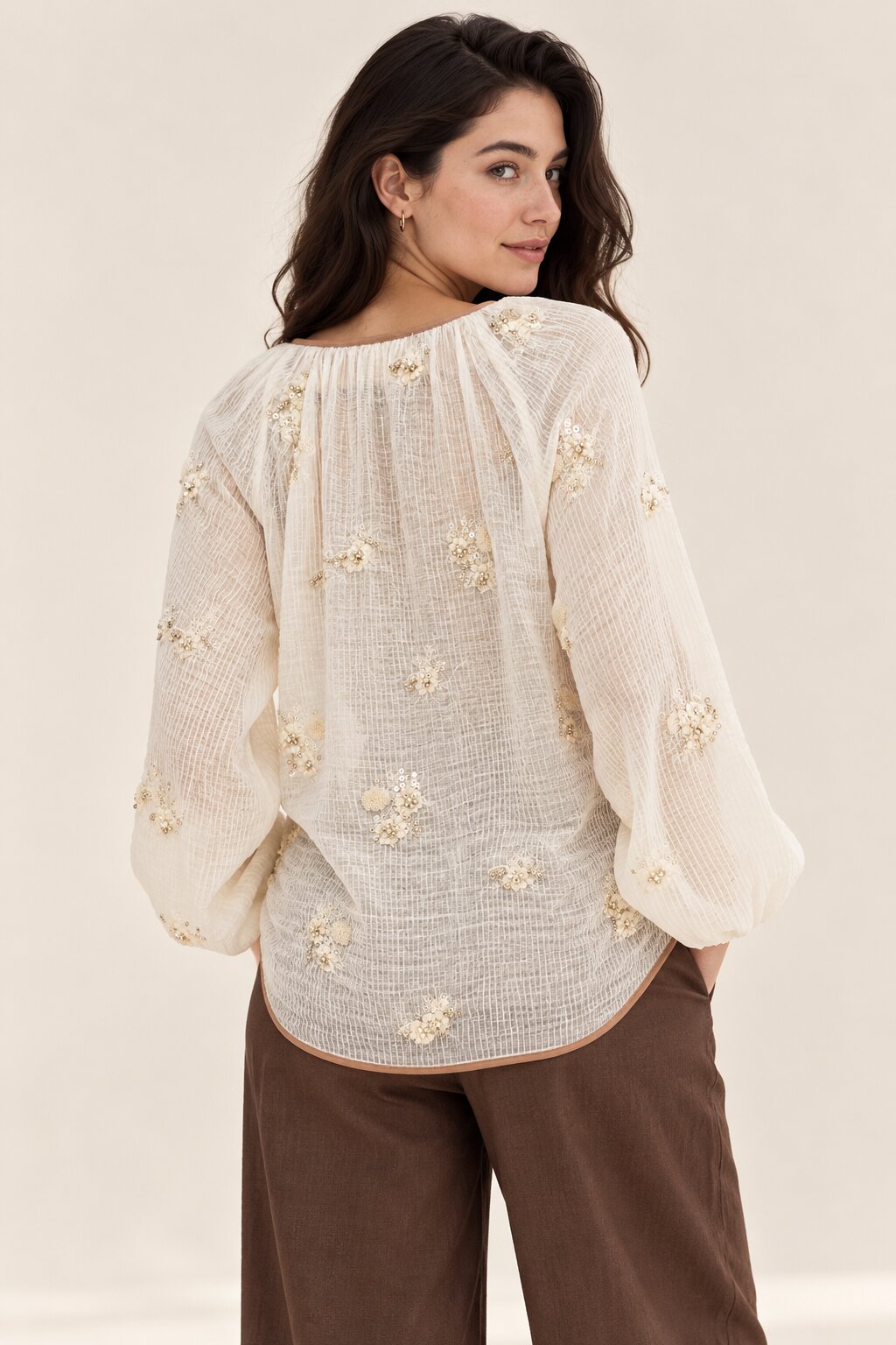 Ivory Floral Sequin Embellished Blouse with Tie-Up Neckline
