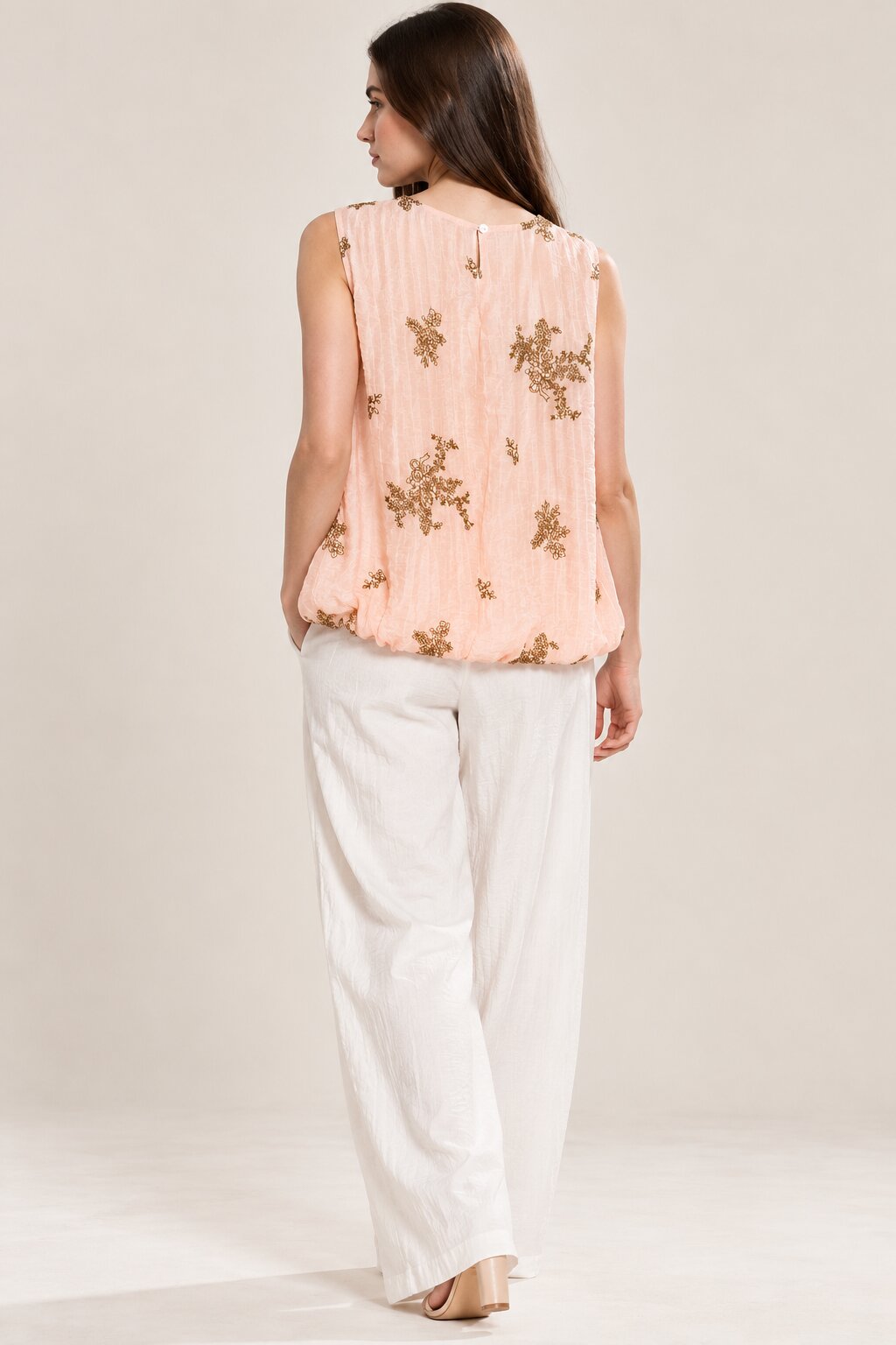 Peach Floral Embroidered Sleeveless Bubble Top