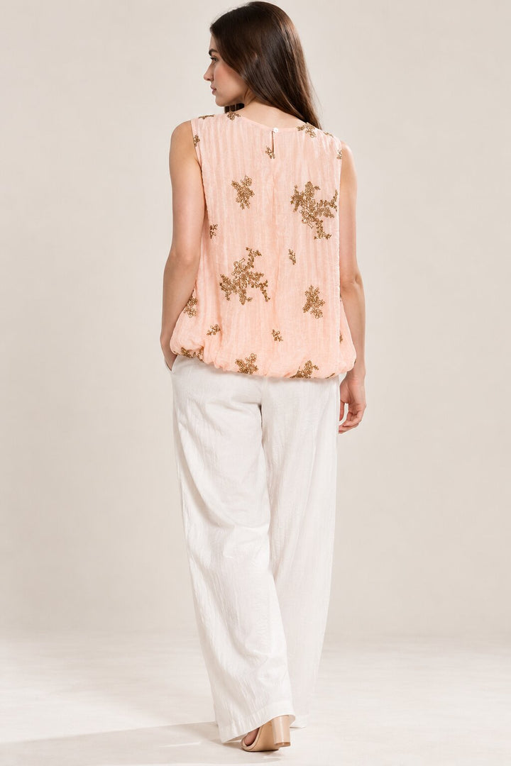 Peach Floral Embroidered Sleeveless Bubble Top