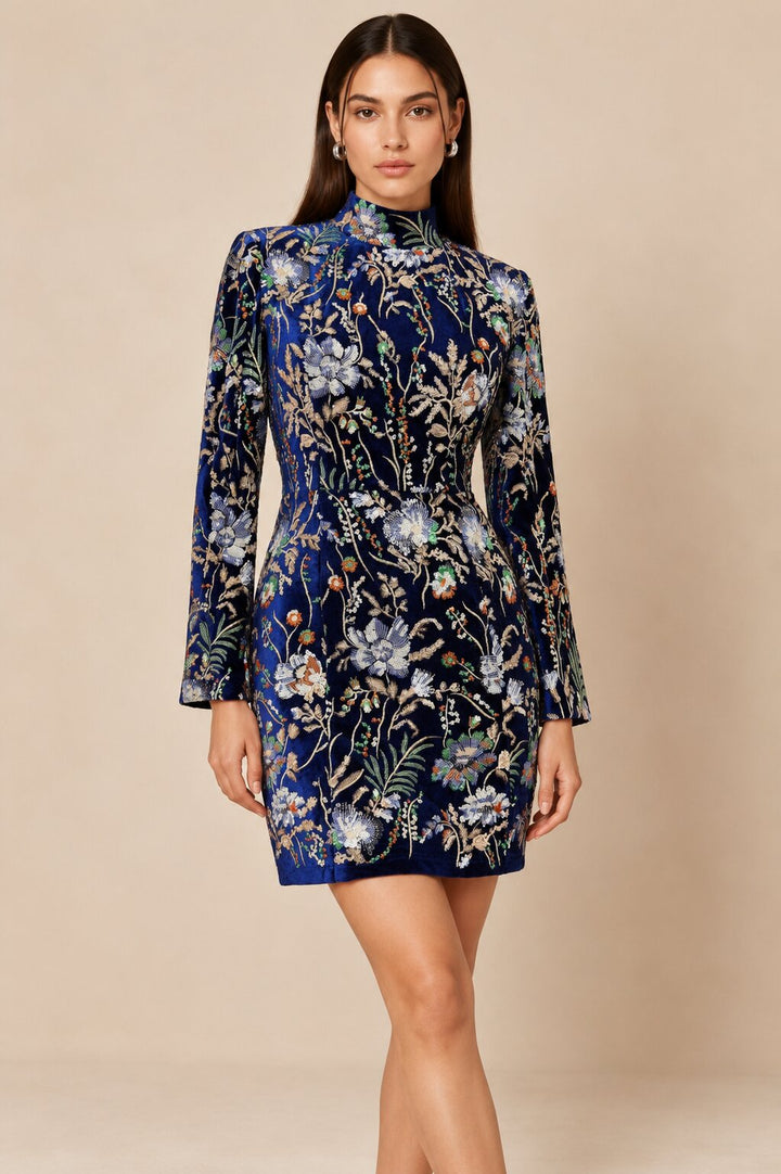 Navy Blue Floral Embroidered Velvet Mini Dress