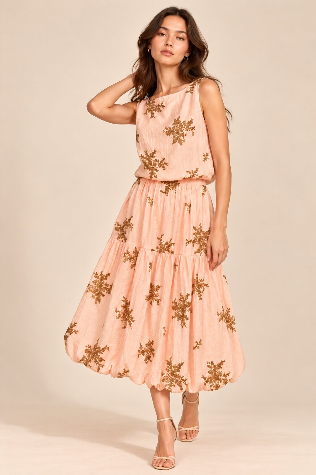 Blush Peach Embroidered Balloon-Hem Coord Set
