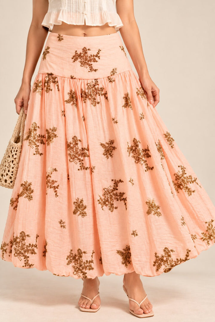 Blush Peach Embroidered Balloon-Hem Skirt