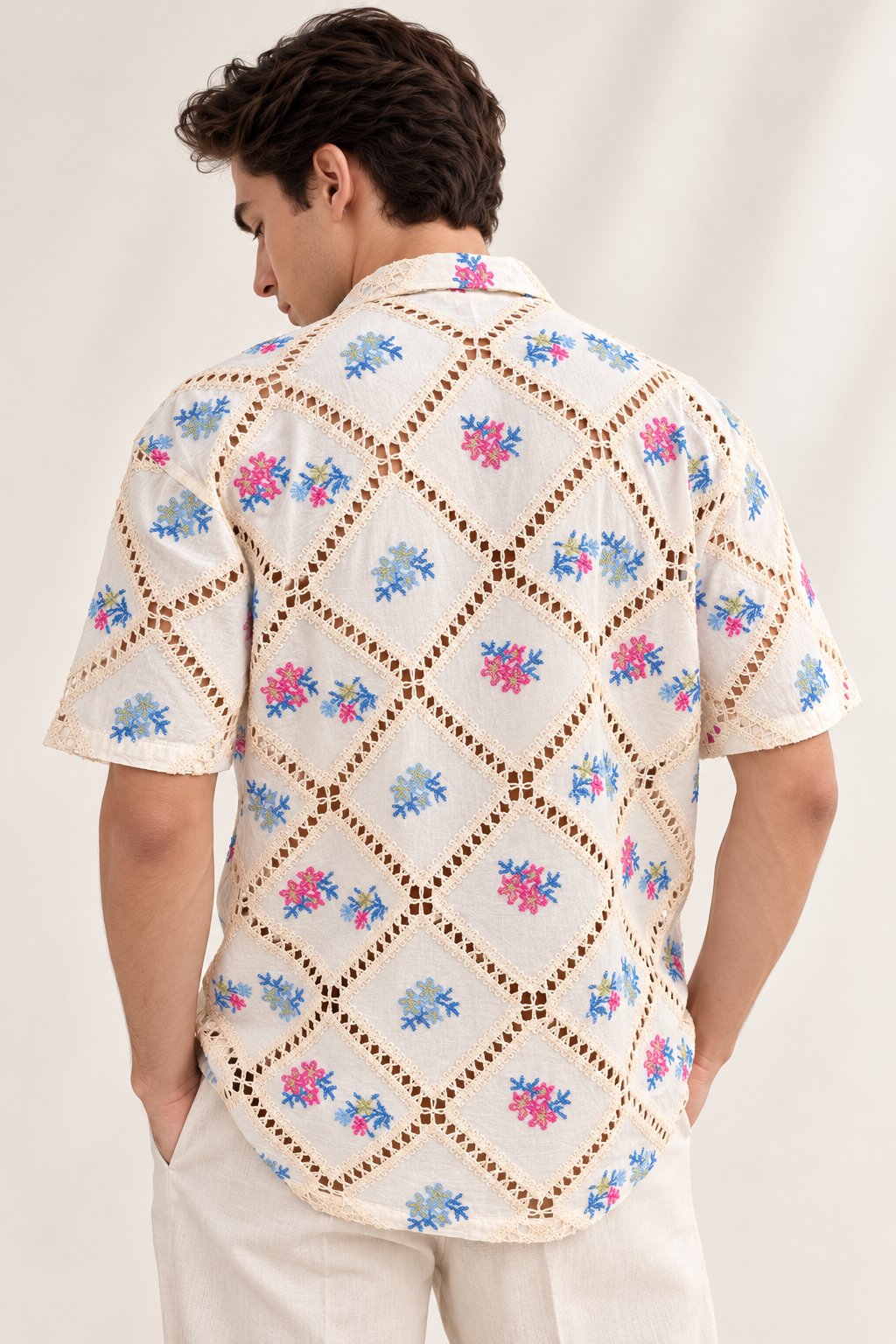 Ivory Floral Embroidered Crochet Shirt