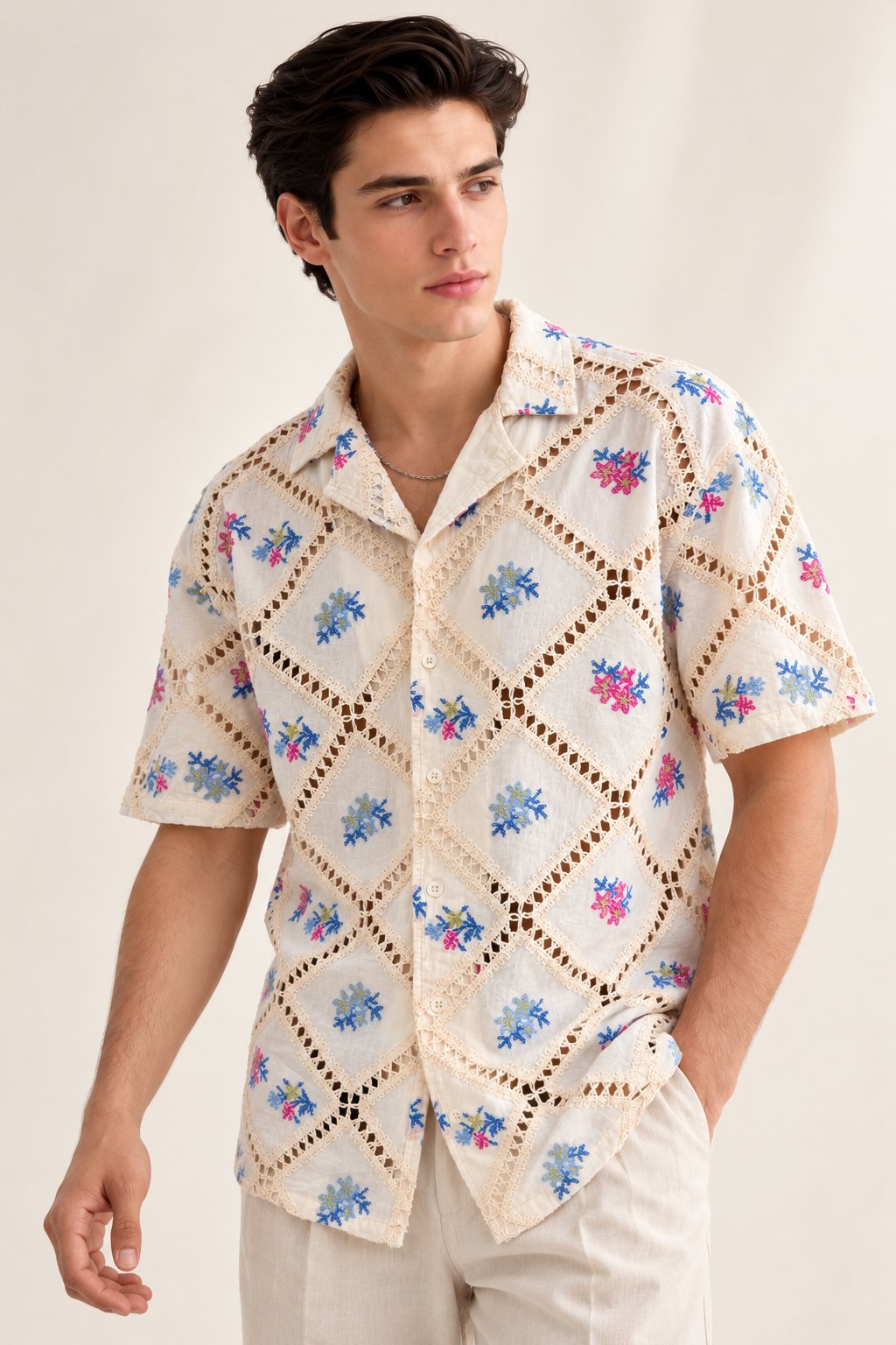Ivory Floral Embroidered Crochet Shirt