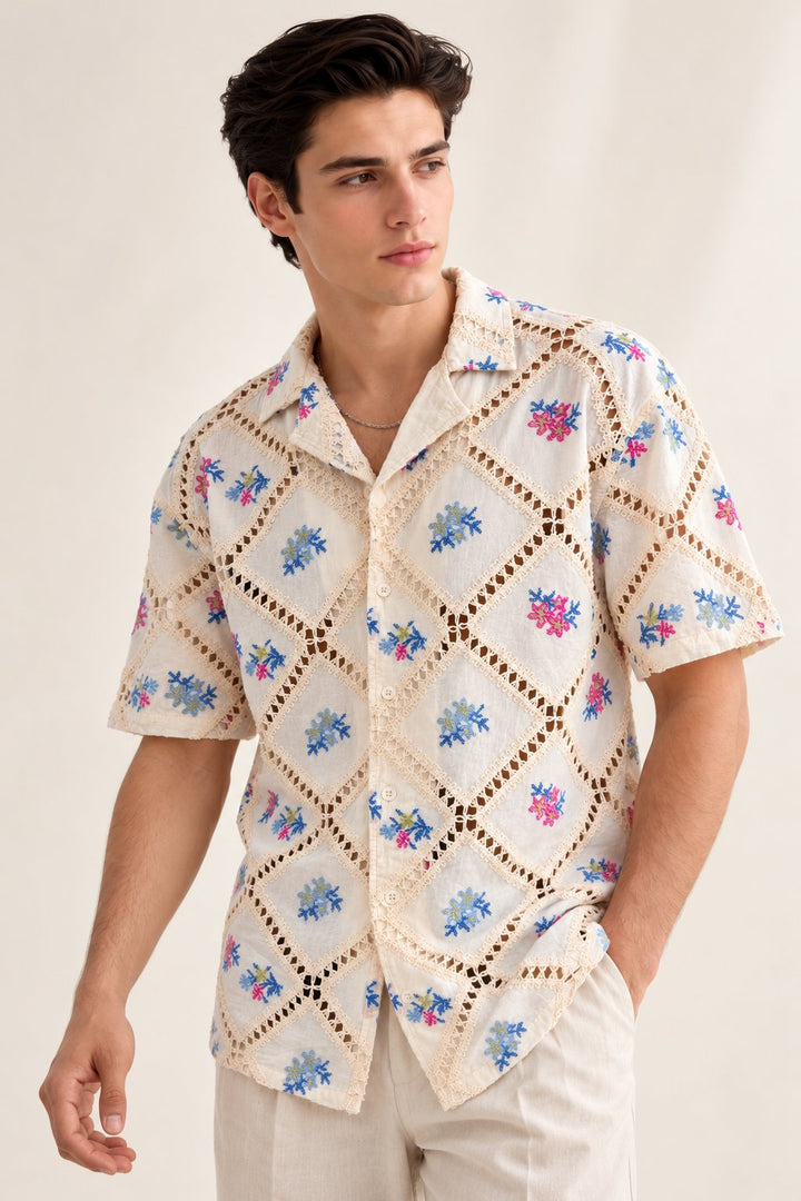Ivory Floral Embroidered Crochet Shirt