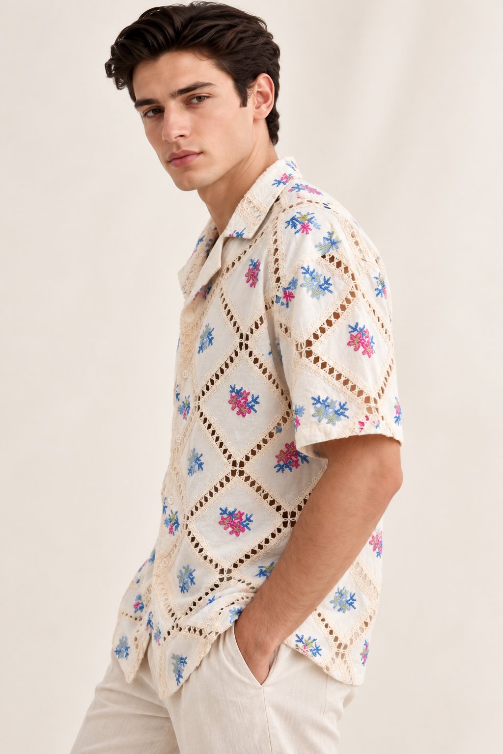 Ivory Floral Embroidered Crochet Shirt