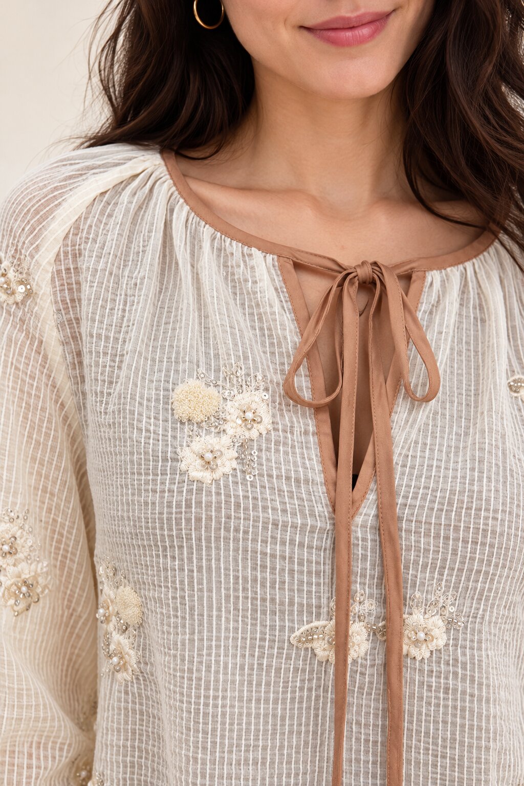 Ivory Floral Sequin Embellished Blouse with Tie-Up Neckline