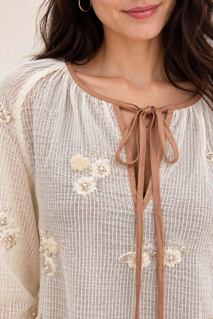Ivory Floral Sequin Embellished Blouse with Tie-Up Neckline