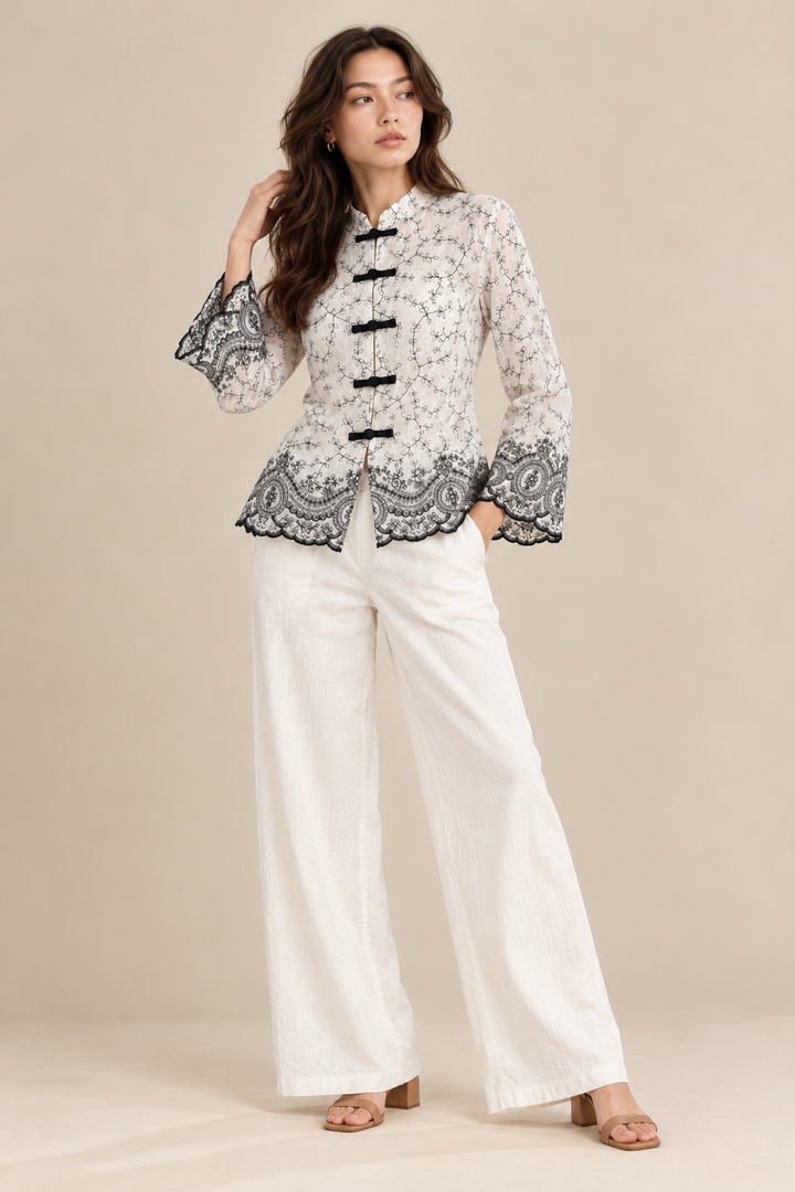 Ivory Black Embroidered Mandarin Collar Shirt