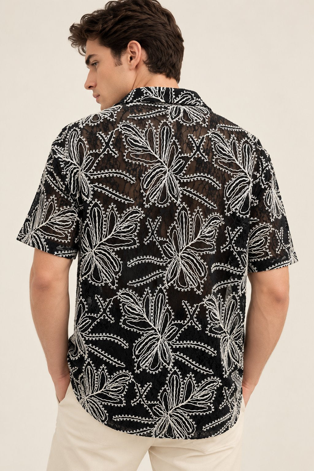 Black Floral Embroidered Sheer Shirt