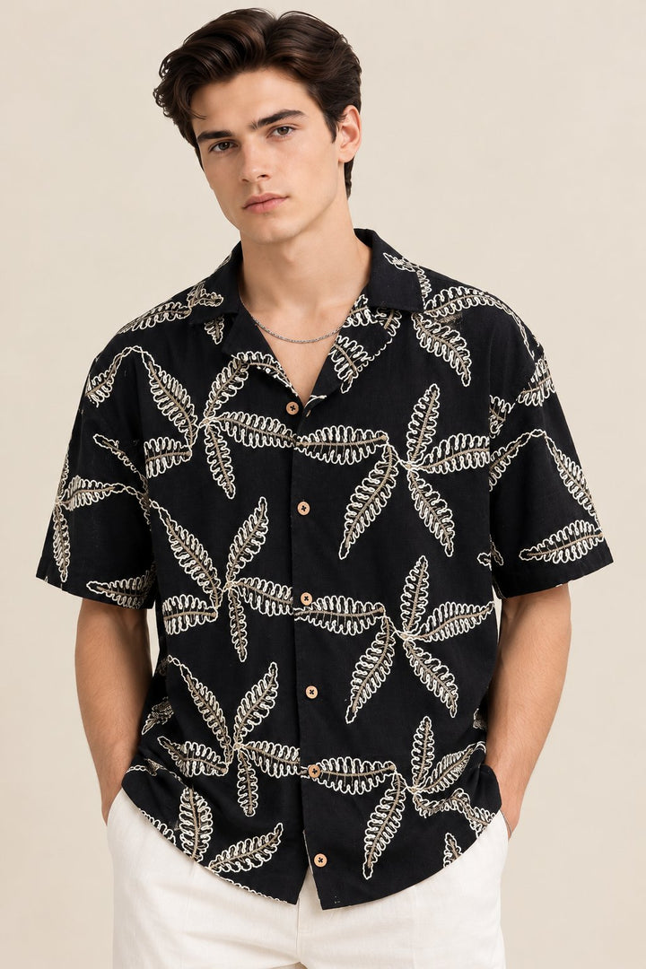 Black &amp; Ivory Leaf Embroidered Short Sleeve Shirt