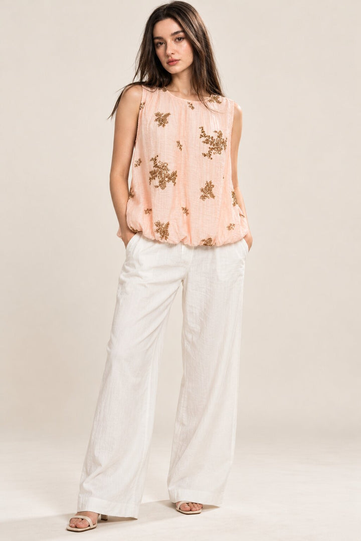 Peach Floral Embroidered Sleeveless Bubble Top