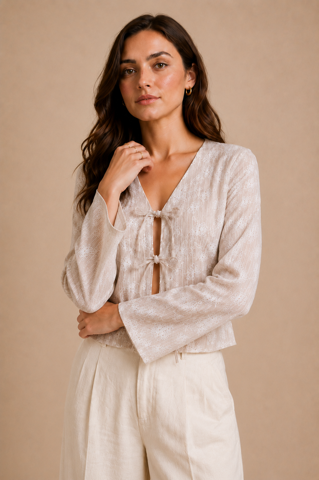 Floral Bell Sleeve Tie-Front Top