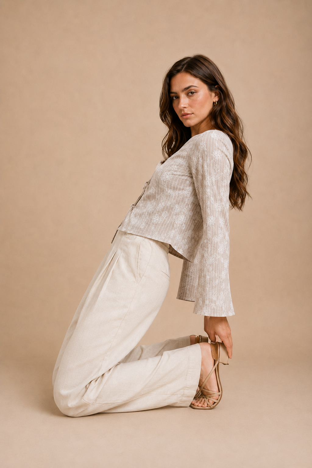 Floral Bell Sleeve Tie-Front Top