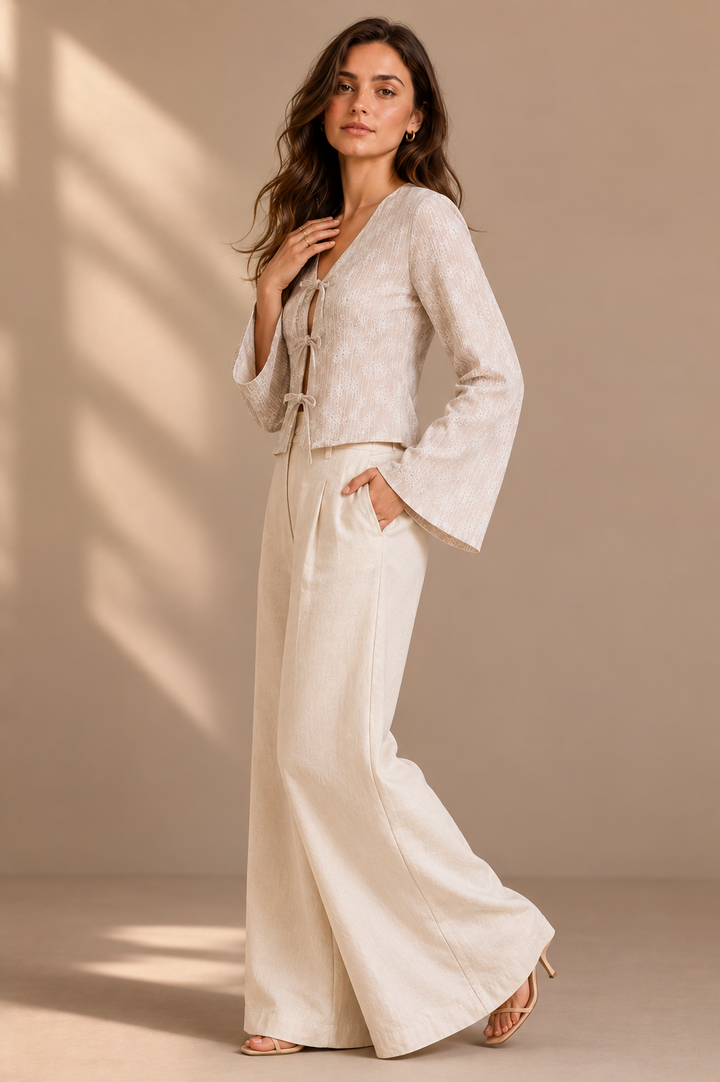 Floral Bell Sleeve Tie-Front Top