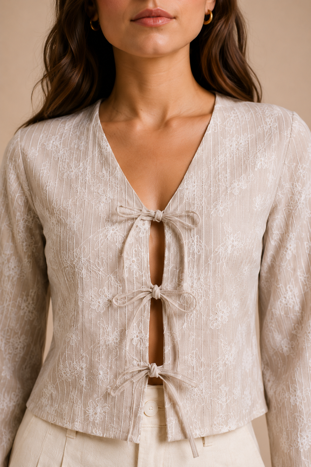 Floral Bell Sleeve Tie-Front Top
