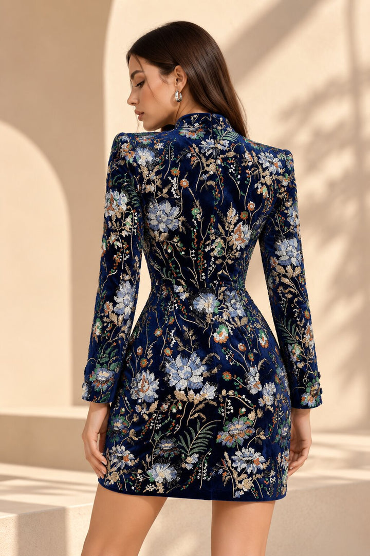 Navy Blue Floral Embroidered Velvet Mini Dress