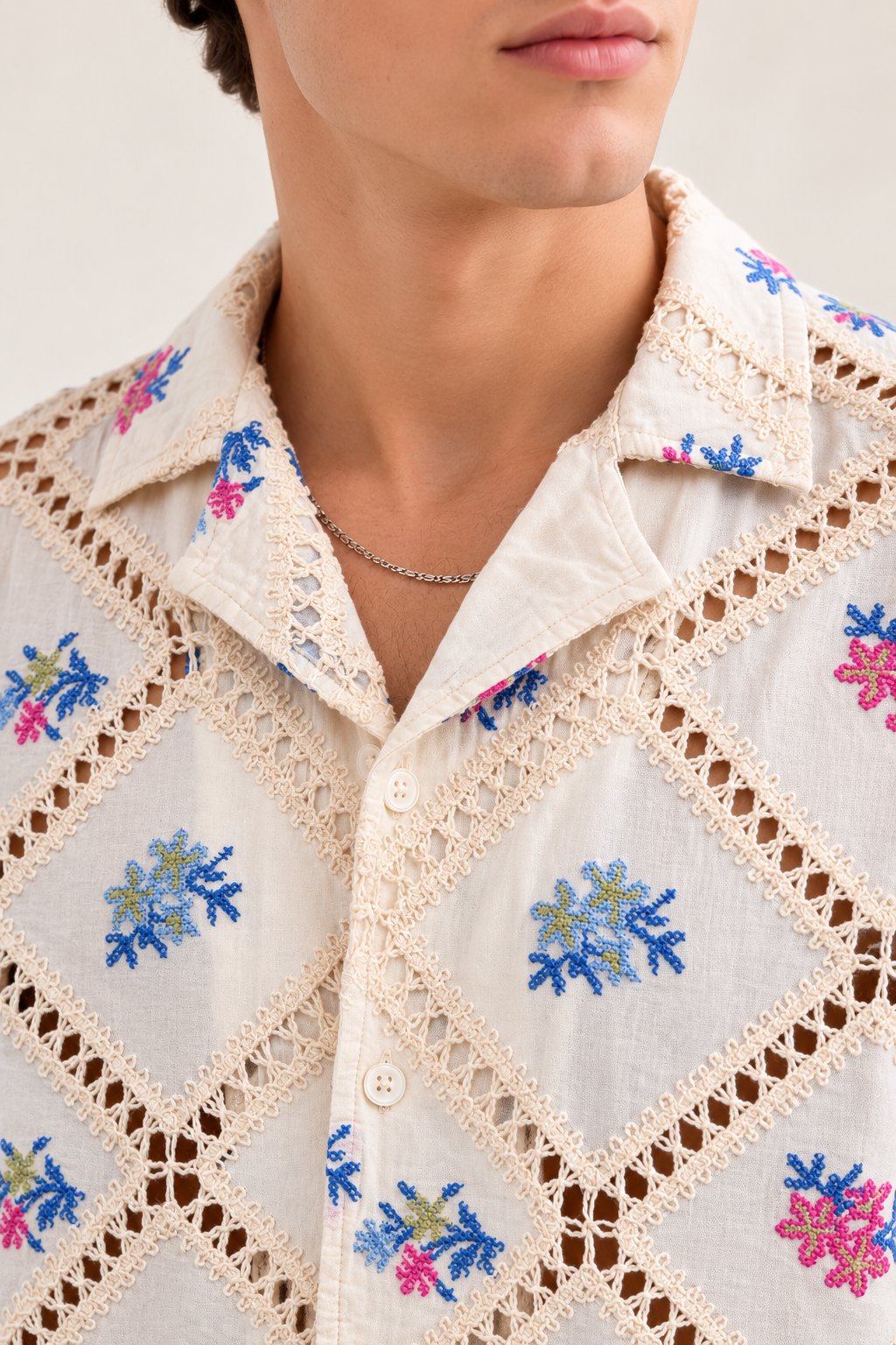 Ivory Floral Embroidered Crochet Shirt