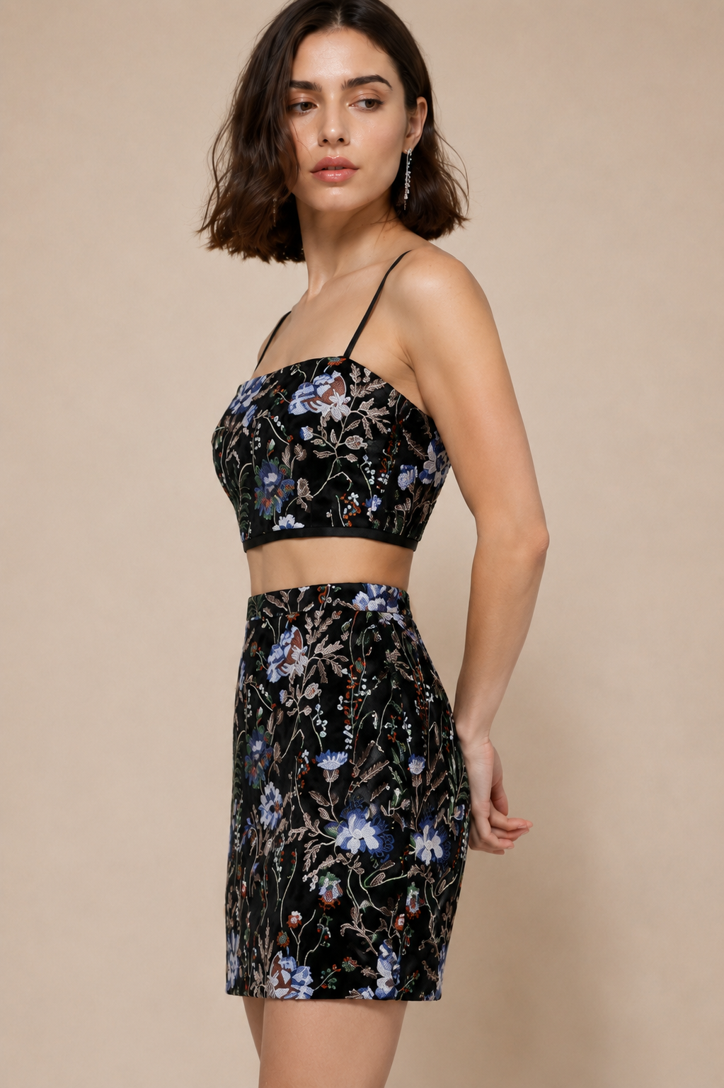 Floral Sequin Embroidered Velvet Crop Top &amp; Mini Skirt Co-Ord Set