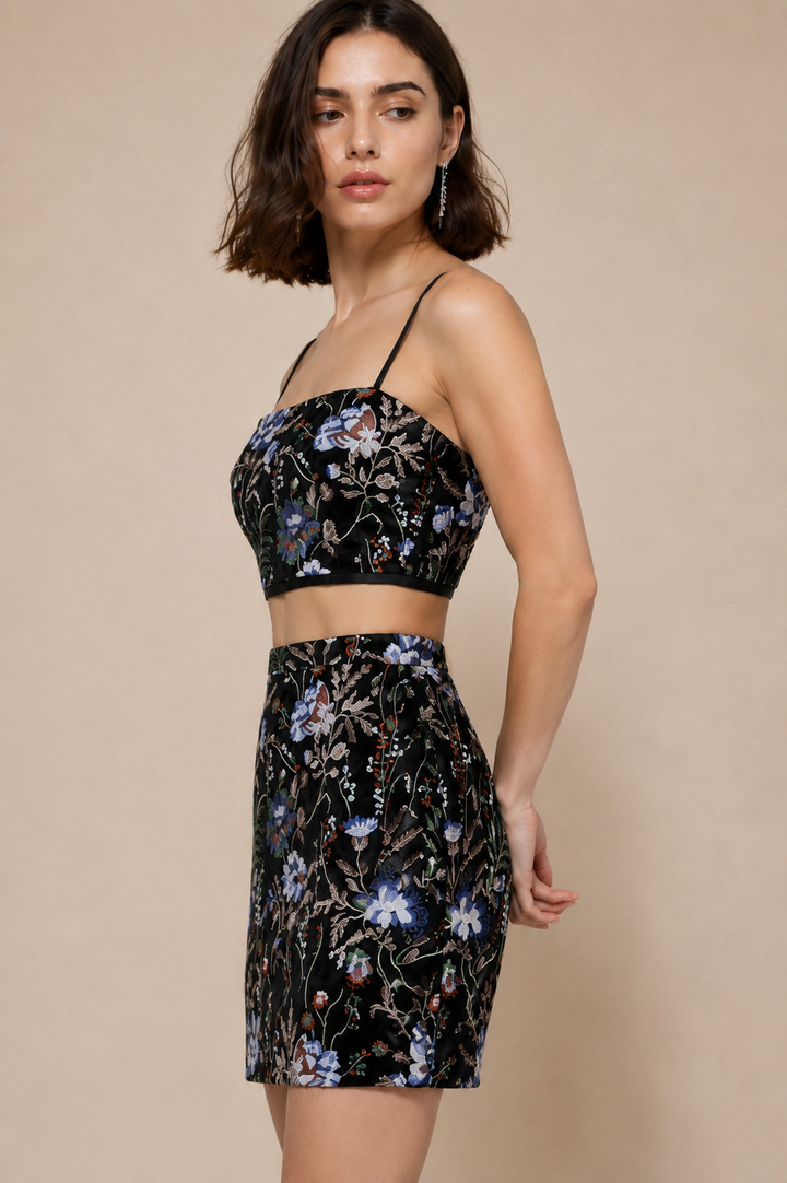 Floral Sequin Embroidered Velvet Crop Top &amp; Mini Skirt Co-Ord Set
