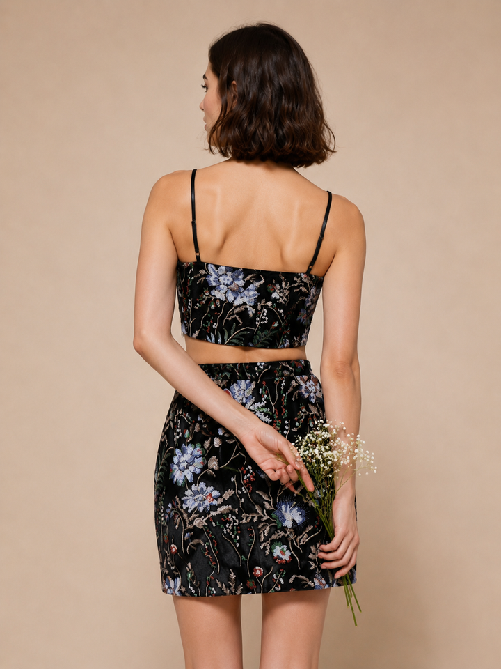 Floral Sequin Embroidered Velvet Crop Top &amp; Mini Skirt Co-Ord Set