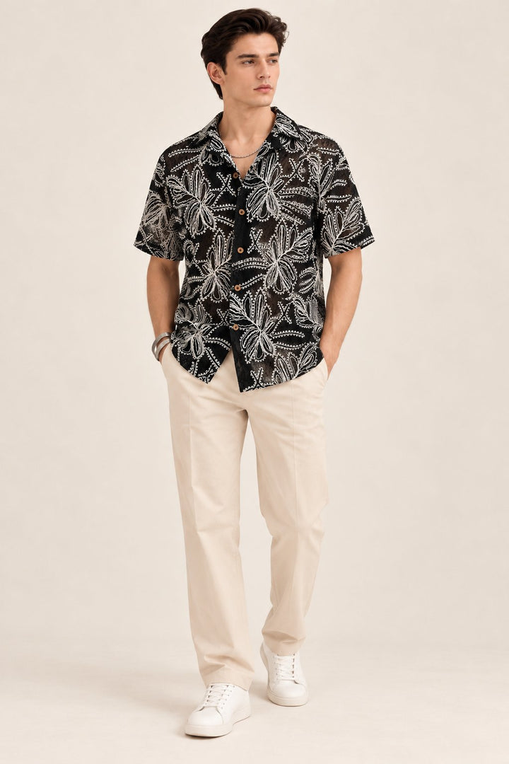 Black Floral Embroidered Sheer Shirt