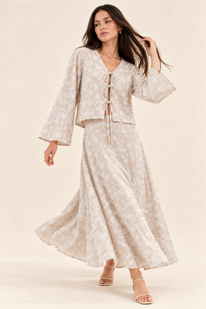 Taupe Floral Stripe Tie-Front Top and Maxi Skirt Co-Ord Set