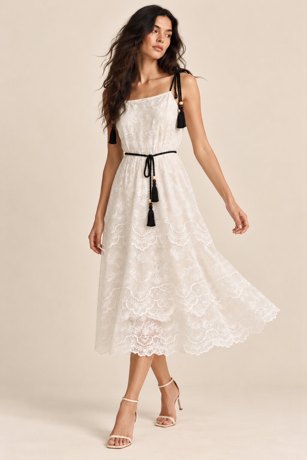 Ivory Embroidered Tassel Strap Midi Dress