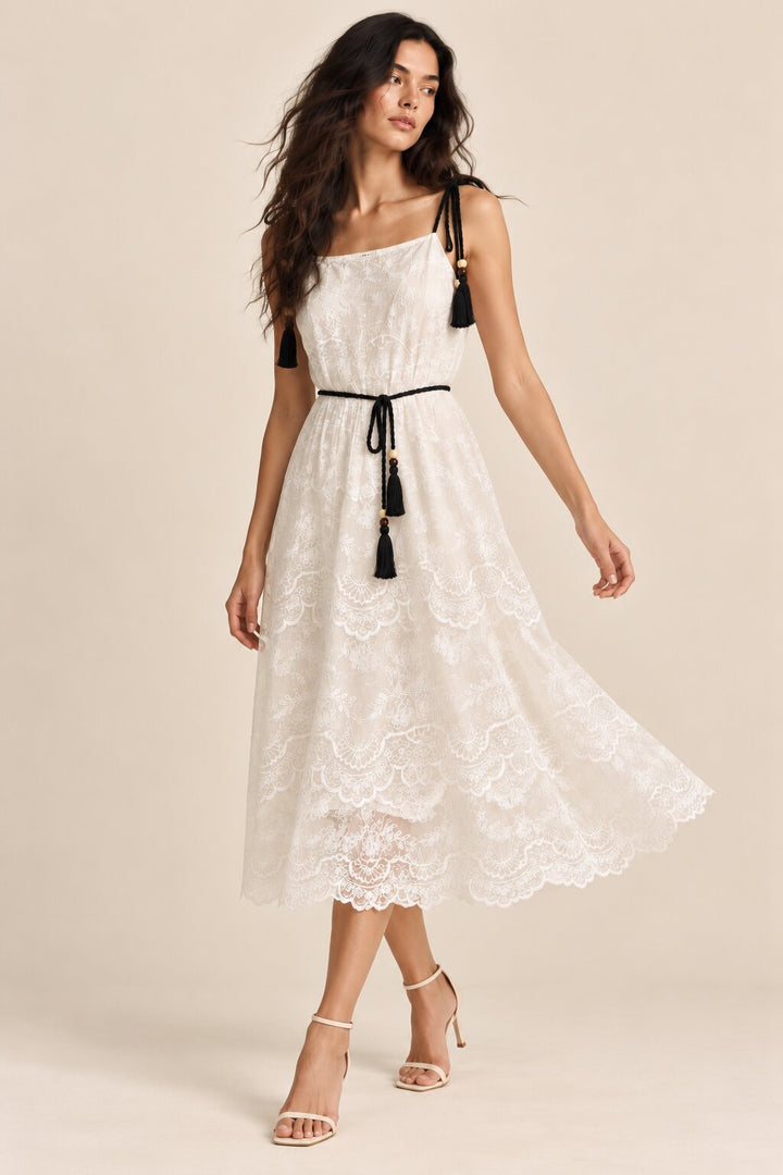 Ivory Embroidered Tassel Strap Midi Dress