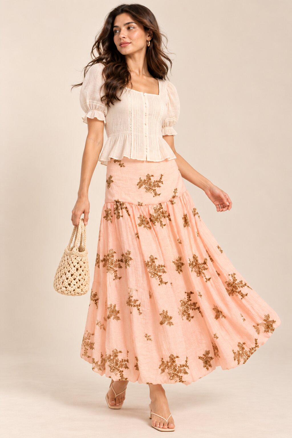 Blush Peach Embroidered Balloon-Hem Skirt